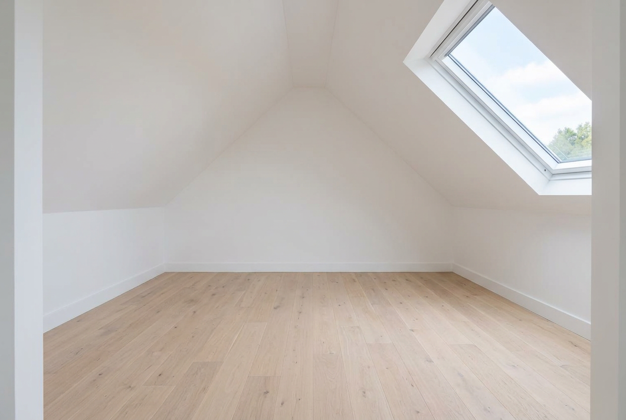 Illustrative view of the same loft after finishing, with white walls and an oak floor