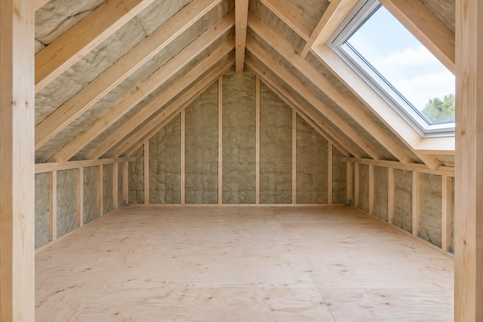 Illustrative loft before finishing, with exposed timber rafters and insulation